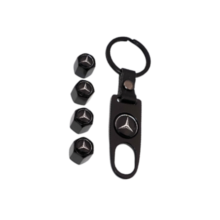 Key Ring - Class B - Metal - Black - Silver Emblem - With 4 x Valve Caps - Mercedes