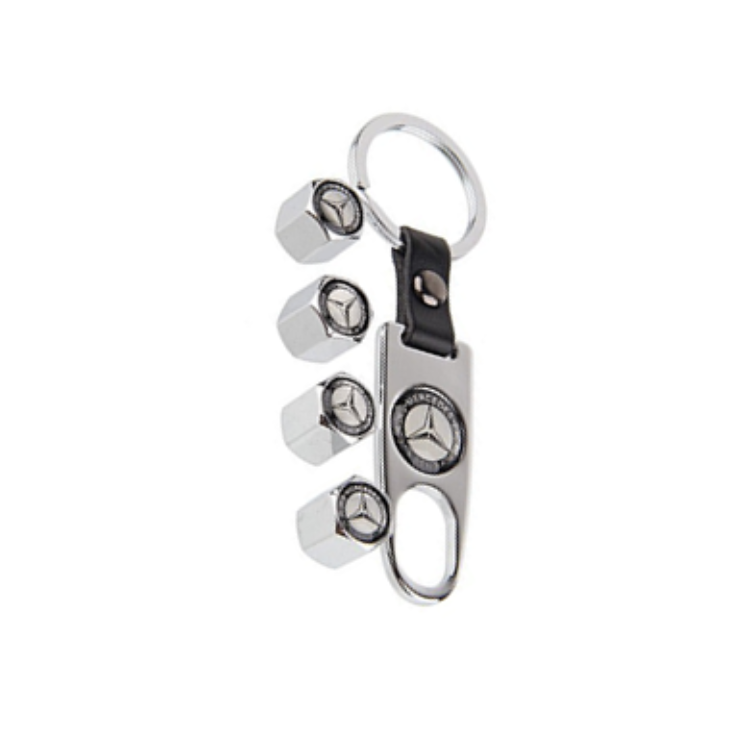 Key Ring - Class B - Metal - Chrome - Black Emblem - With 4 x Valve Caps - Mercedes