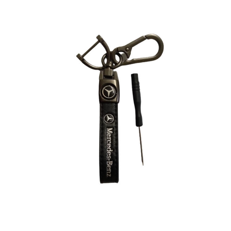 Key Ring Leather Strap with Silver Writing and silver symbol - Mercedes