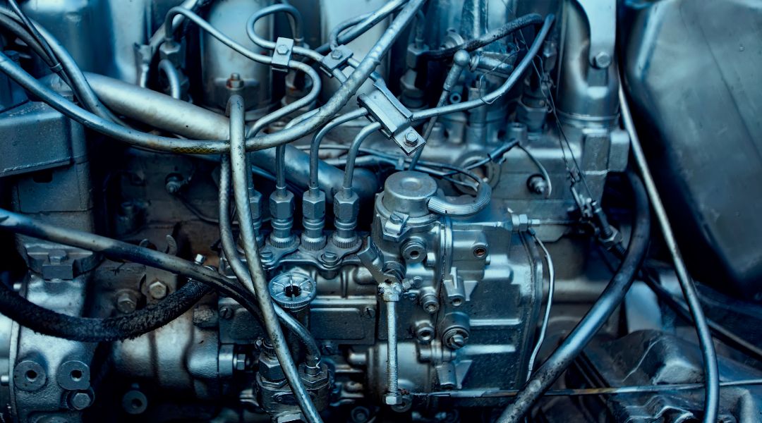 Close-up of a Mercedes-Benz diesel engine injection system with visible fuel lines – premium engine spares available at M&B Parts South Africa