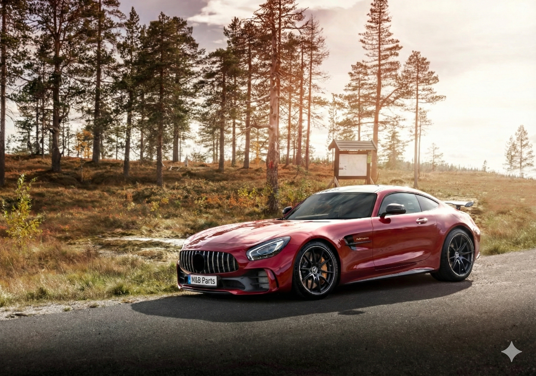 Red sports car on a road with trees in the background
