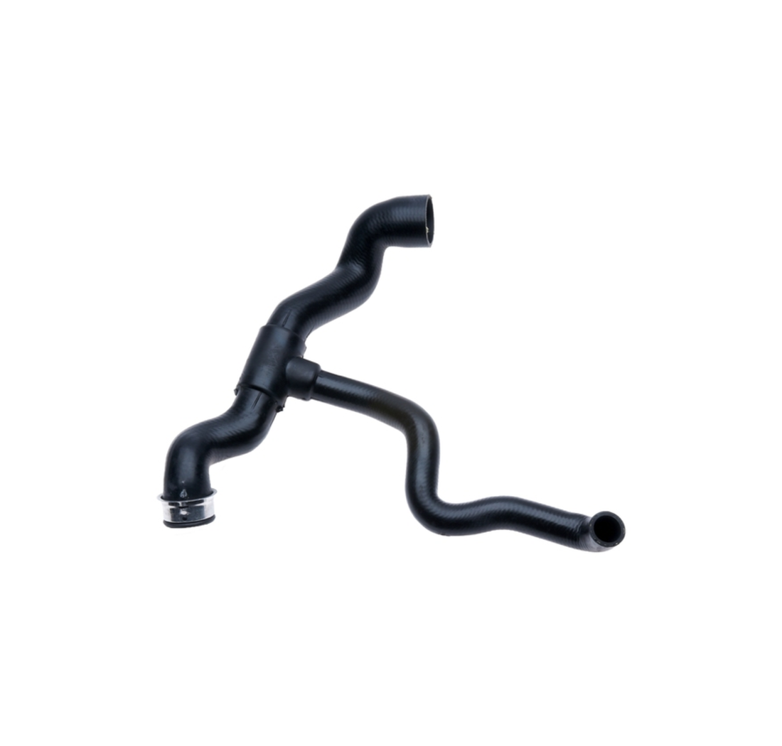 Black automotive radiator hose on a white background