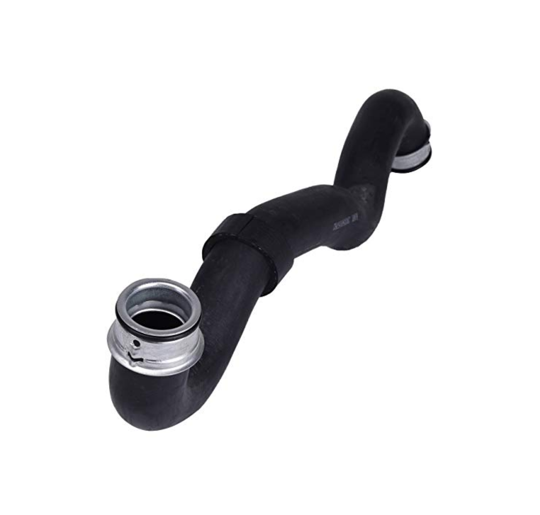 Black rubber hose with metal fitting on a white background